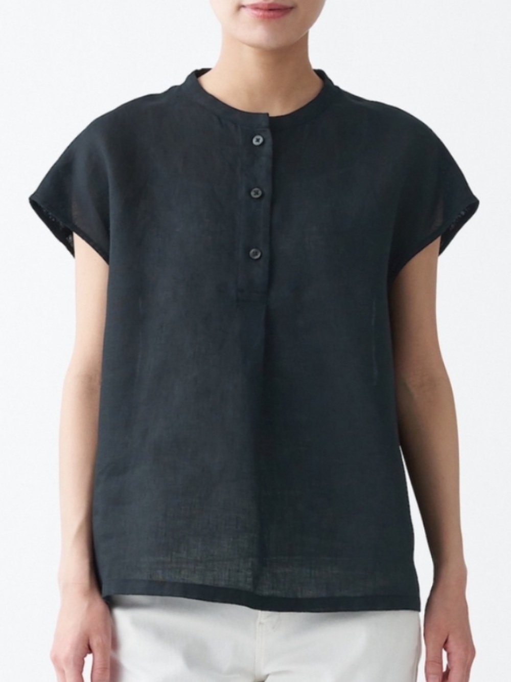 Muji organic linen washed french sleeve blouse XS - S black lightweight timeless